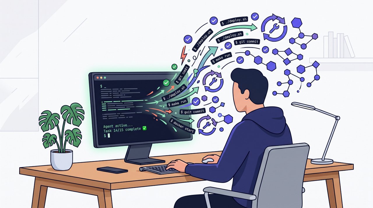 Flat vector illustration of a developer running autonomous AI agent tests and self-correcting terminal loops