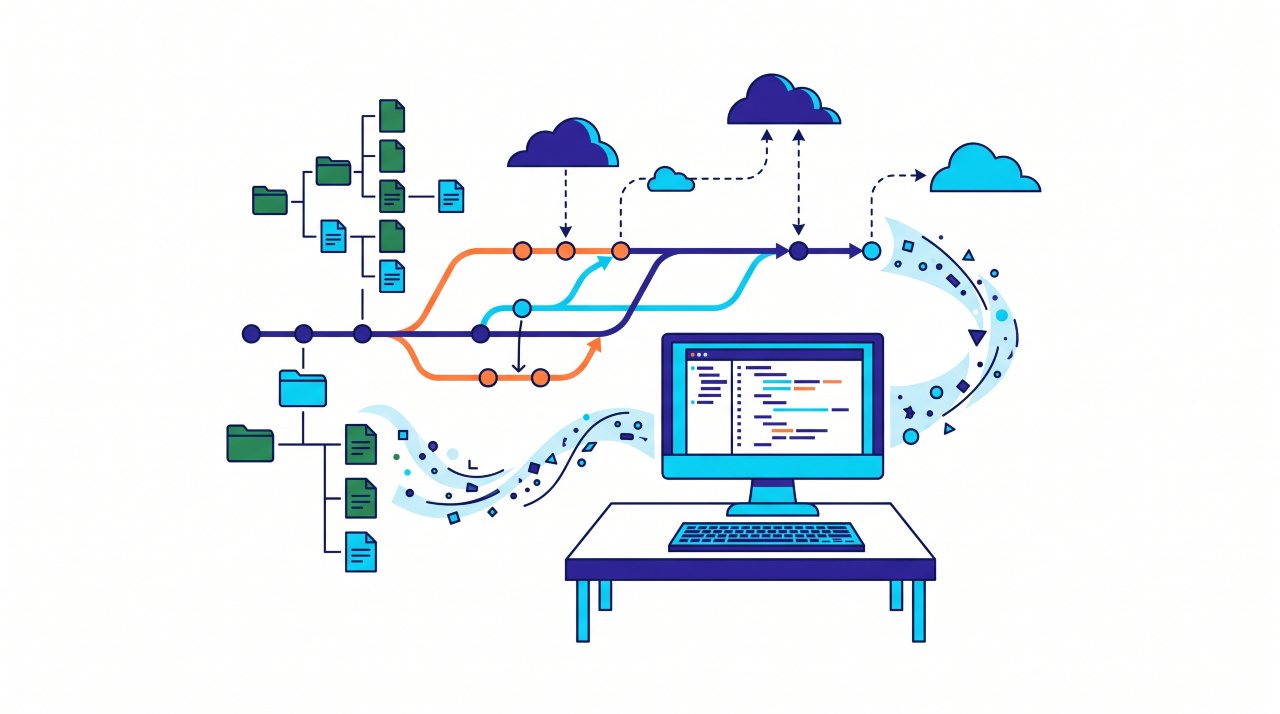 Flat vector illustration of interconnected software repository trees and automated deployment pipelines