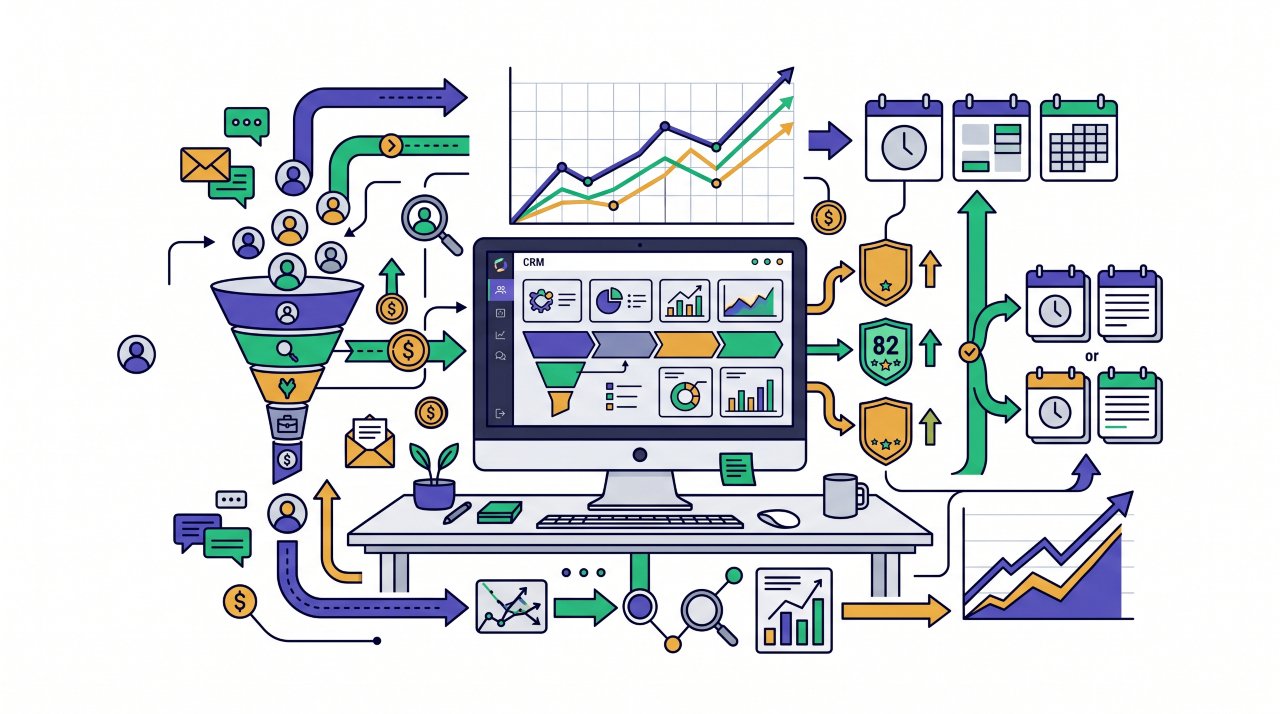 Vector line art illustration of automated CRM lead routing, meeting booking calendars, and sales conversion analytics