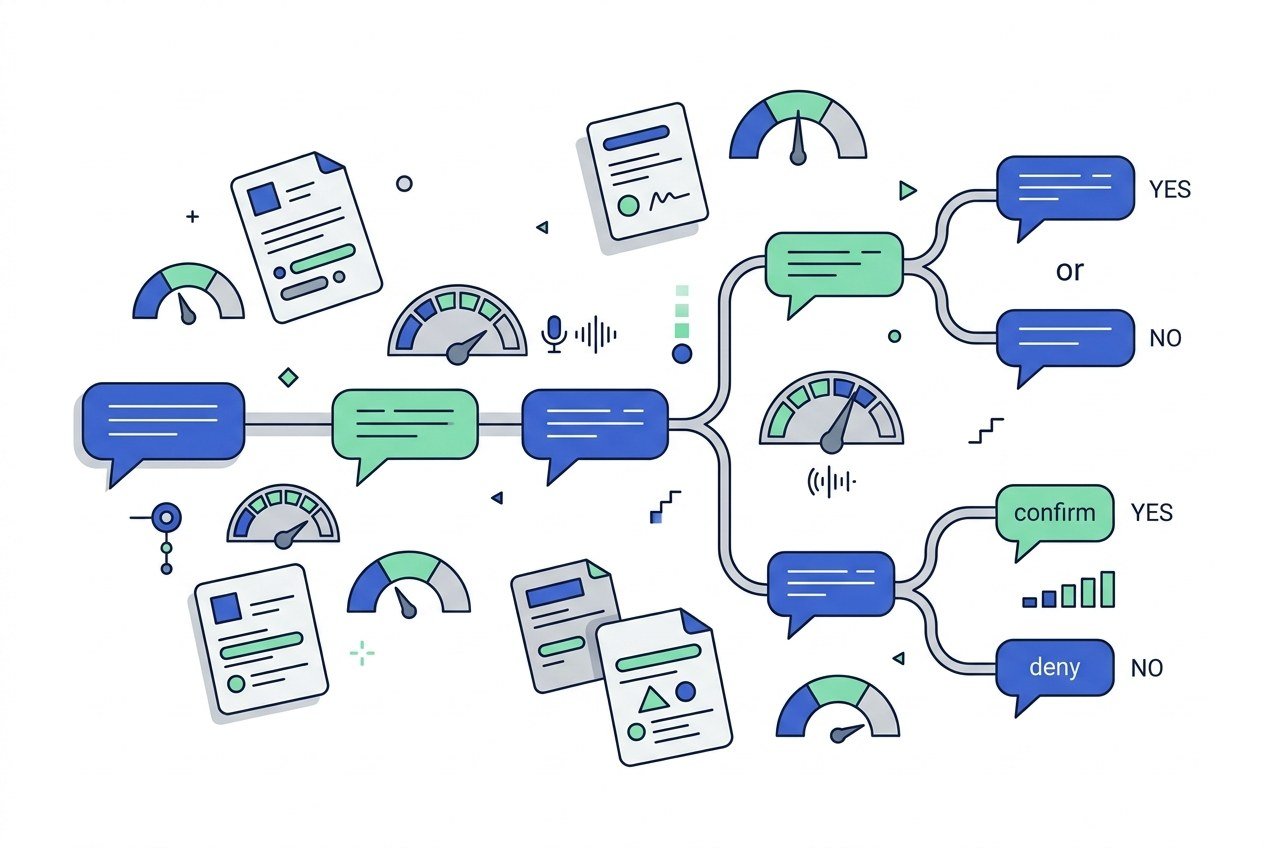 AI voice agent dialogue pipeline decision tree with branching call outcomes and sentiment gauges
