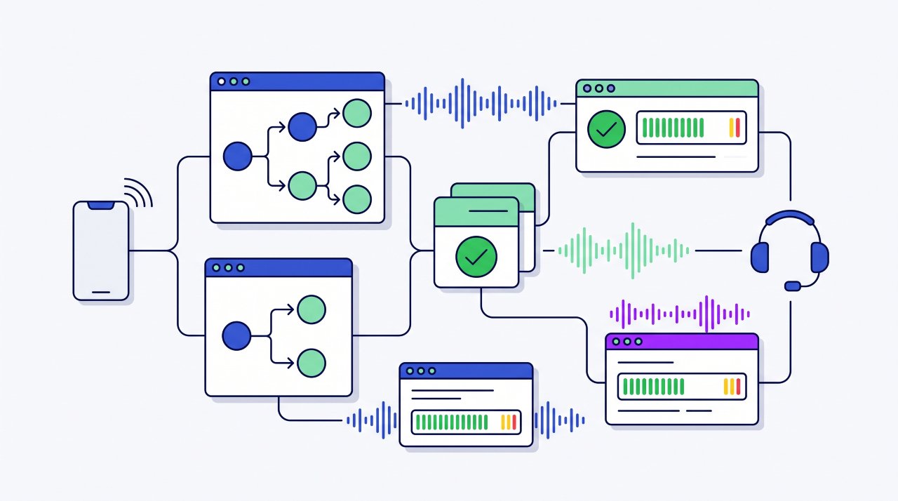 Flat vector illustration showing natural language voice agent architecture and sub-second call routing