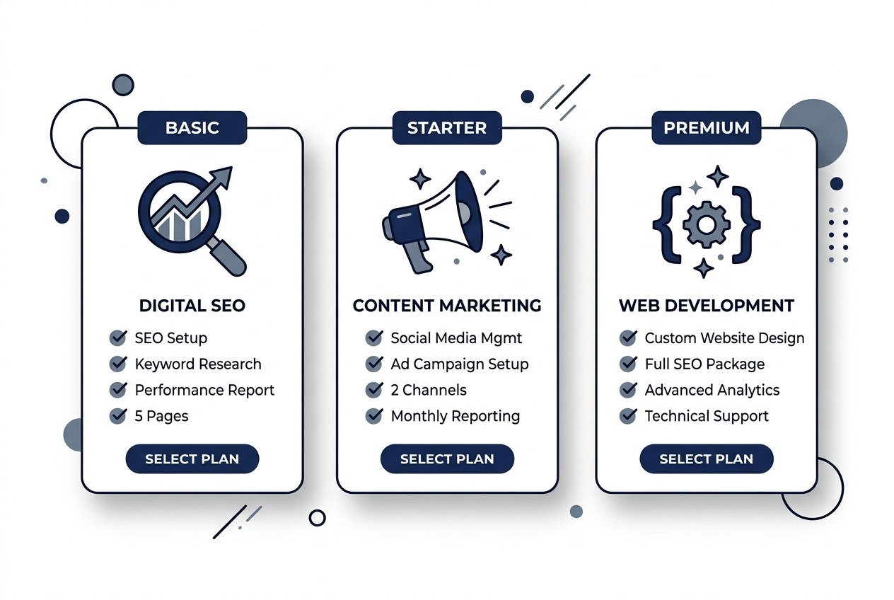 digital agency service packages showing SEO content marketing and web development tiers
