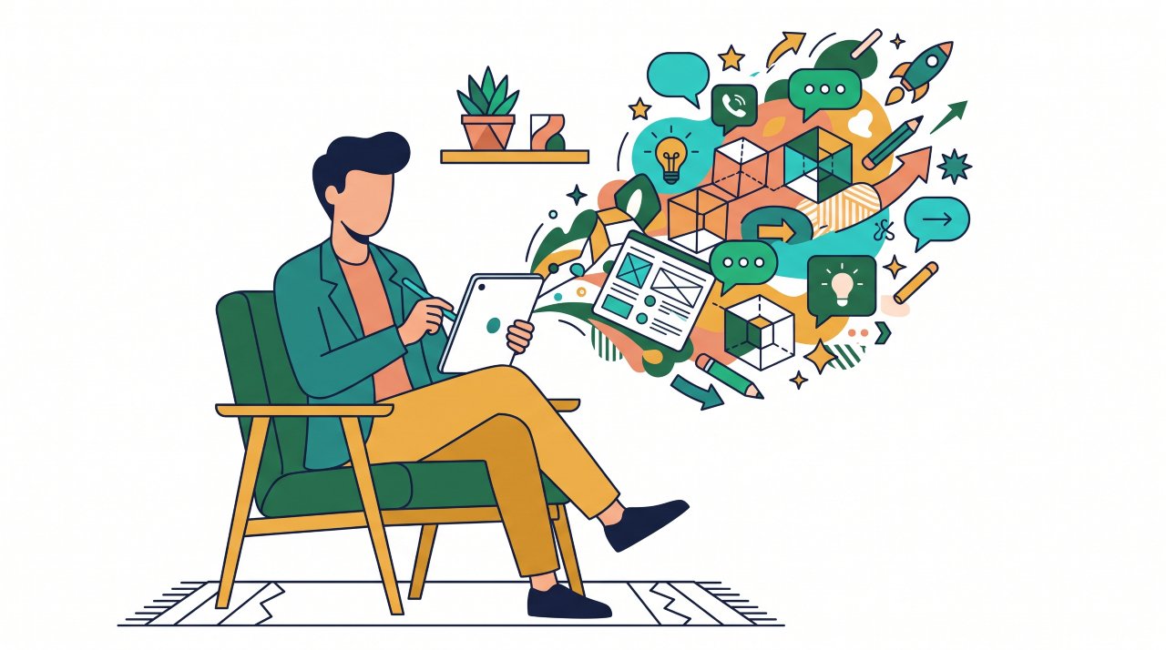 Flat vector illustration of a consultant delivering high-ticket digital client work on a tablet with abstract strategy bubbles
