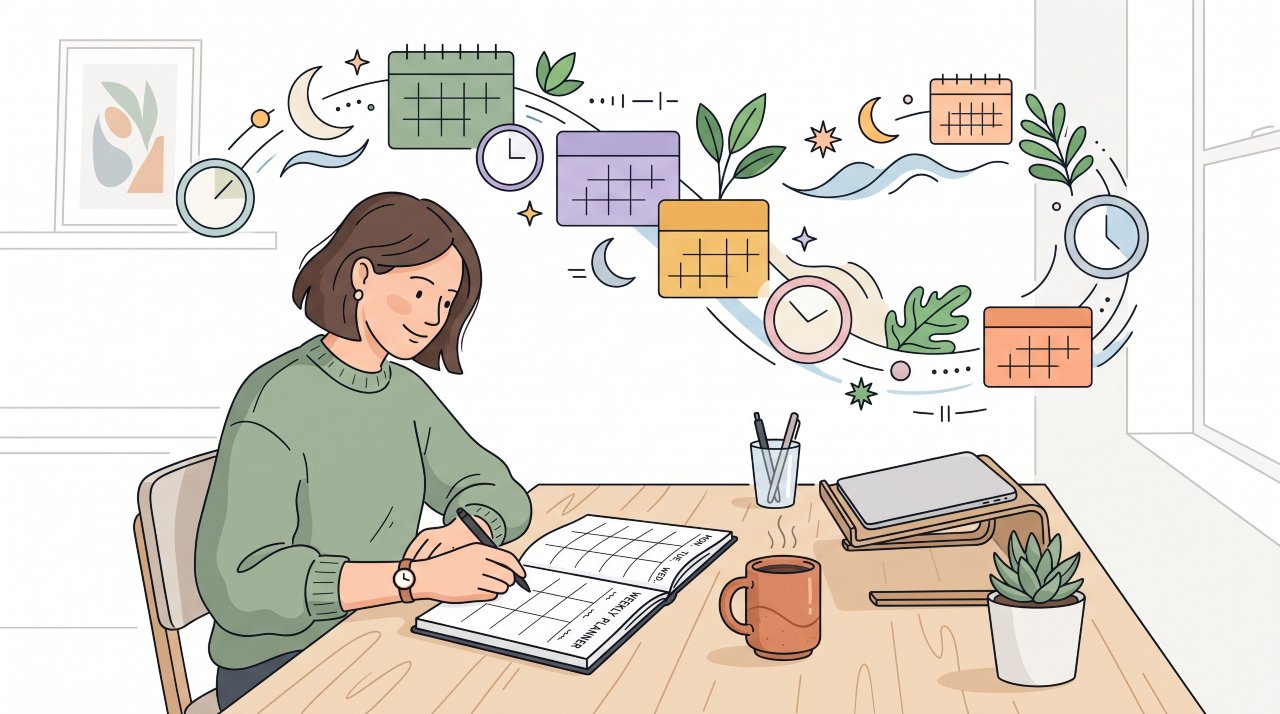 Vector line art illustration of structured time-blocking schedule with harmonious work-life balance streams