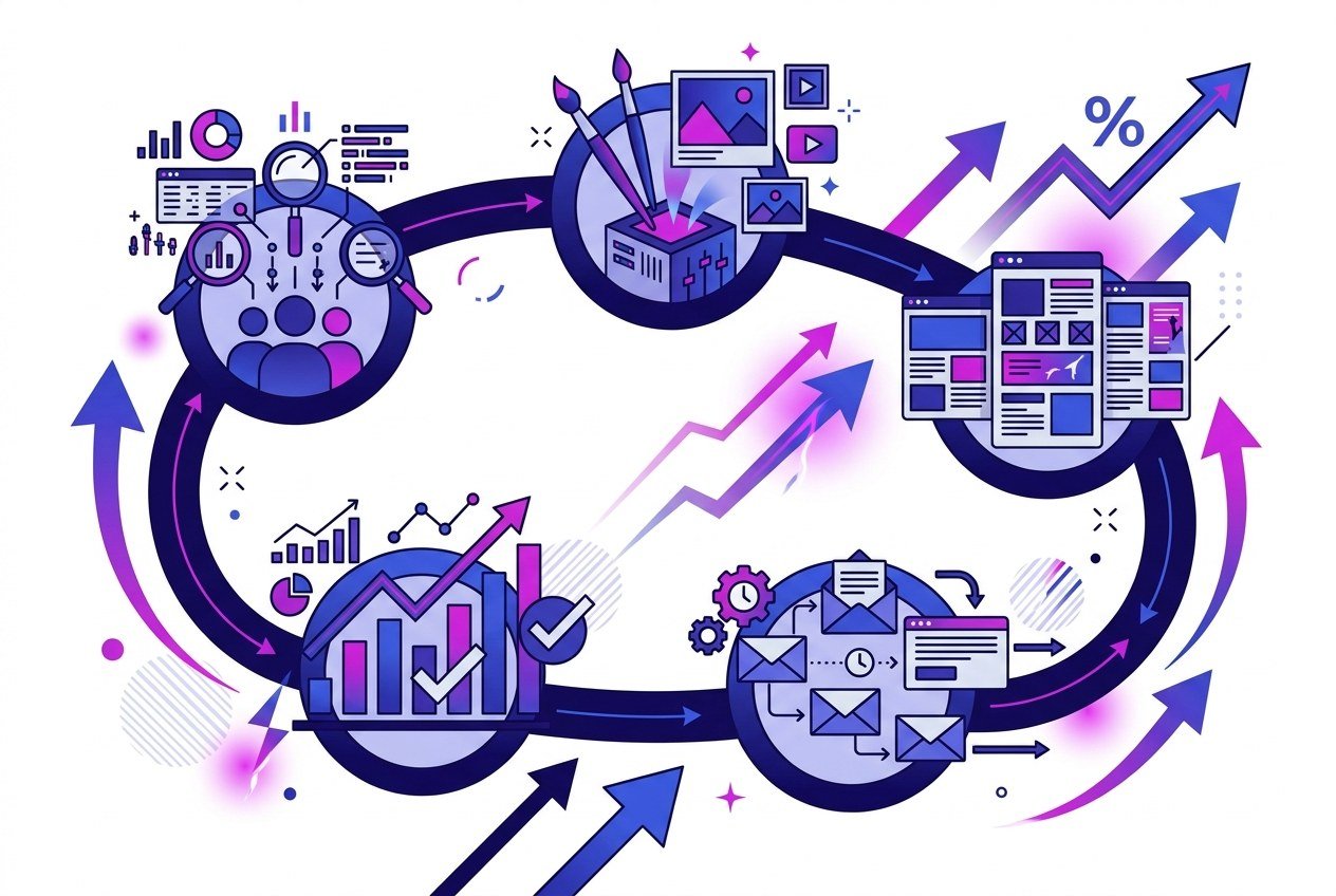 ai marketing automation campaign flywheel connecting audience data to automated creatives and conversion tracking