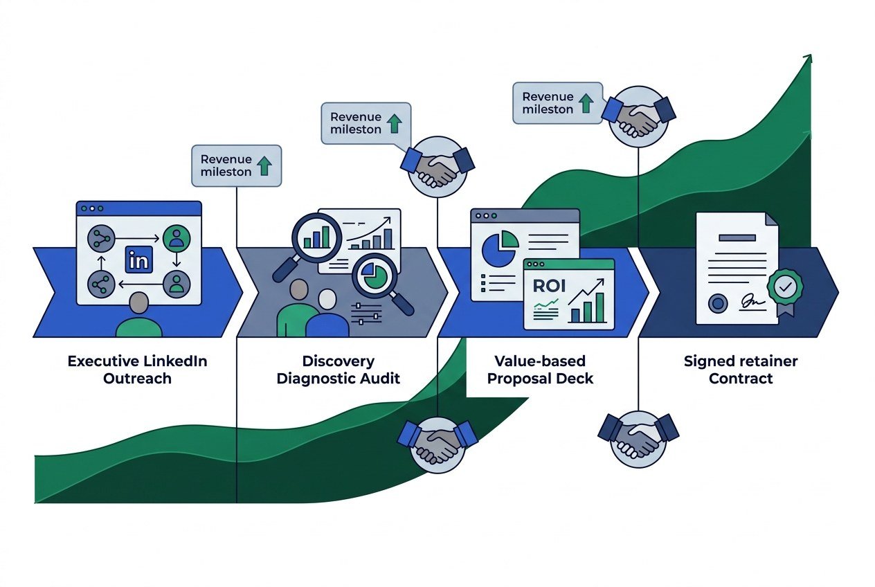 high ticket b2b consulting sales pipeline from linkedin outreach to signed retainer agreements