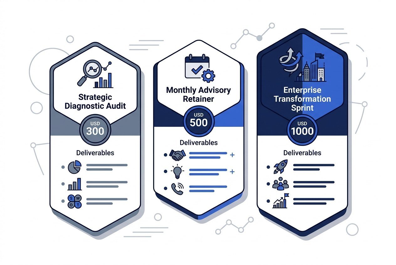 consulting service package framework comparing diagnostic audits monthly advisory retainers and enterprise sprints