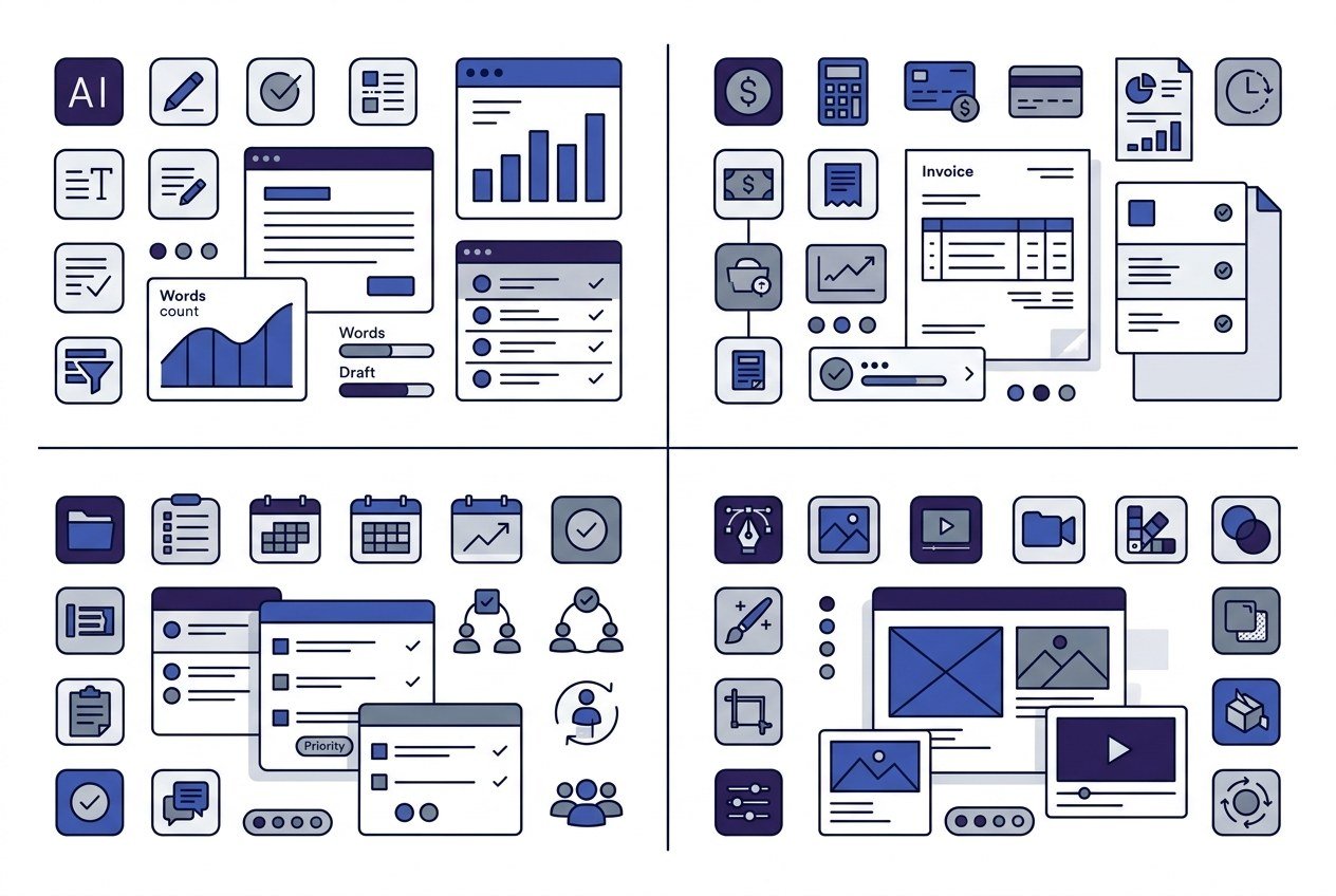 freelancer ai software stack matrix for content writing client invoicing task management and design