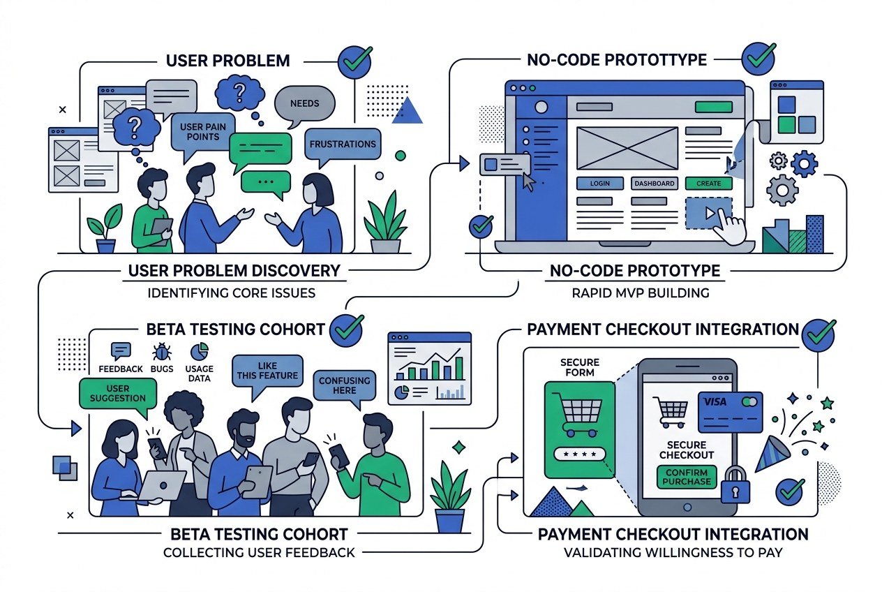 lean saas mvp validation roadmap from user problem discovery to no code prototype and checkout