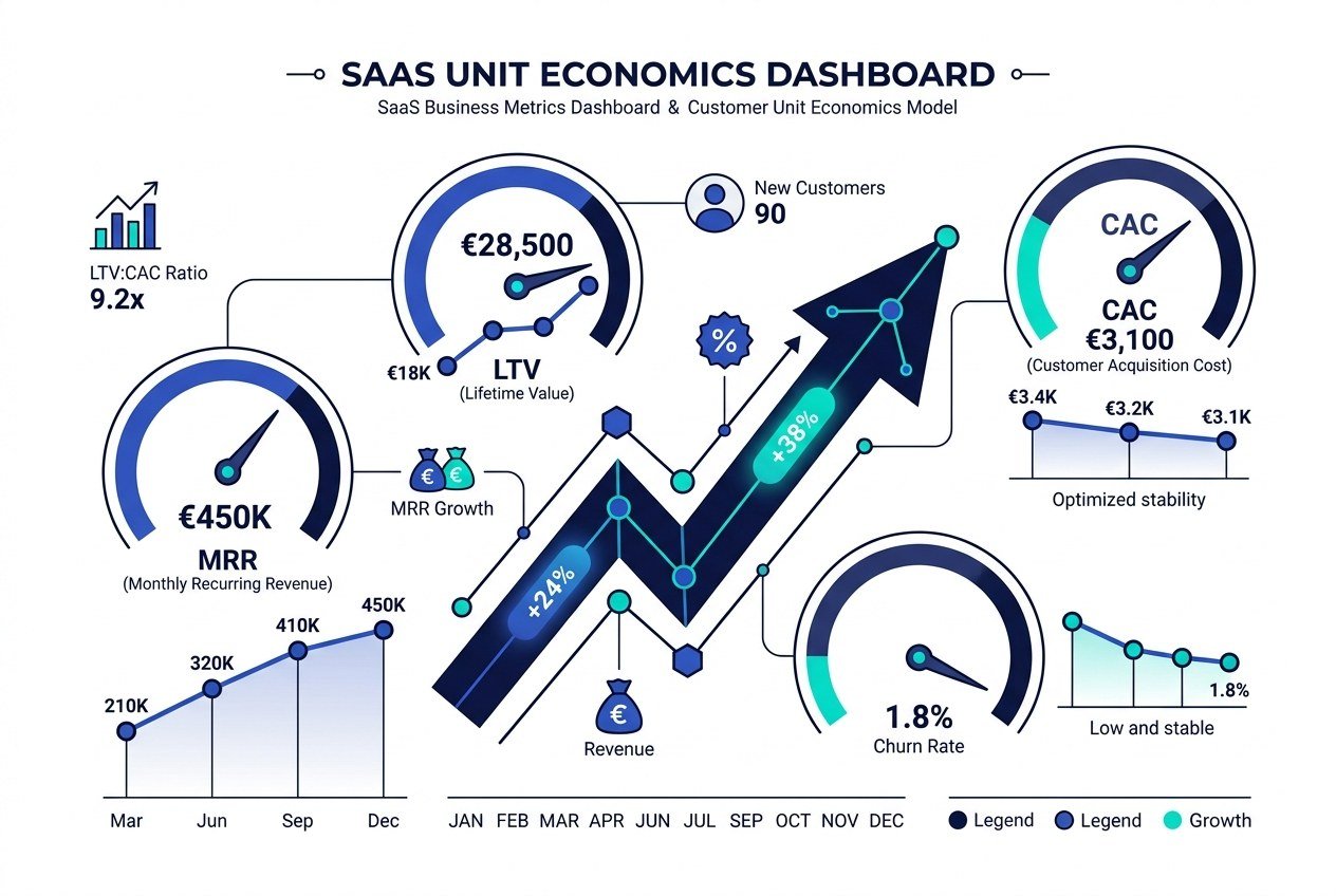 saas unit economics dashboard tracking MRR growth customer acquisition cost lifetime value and churn rate